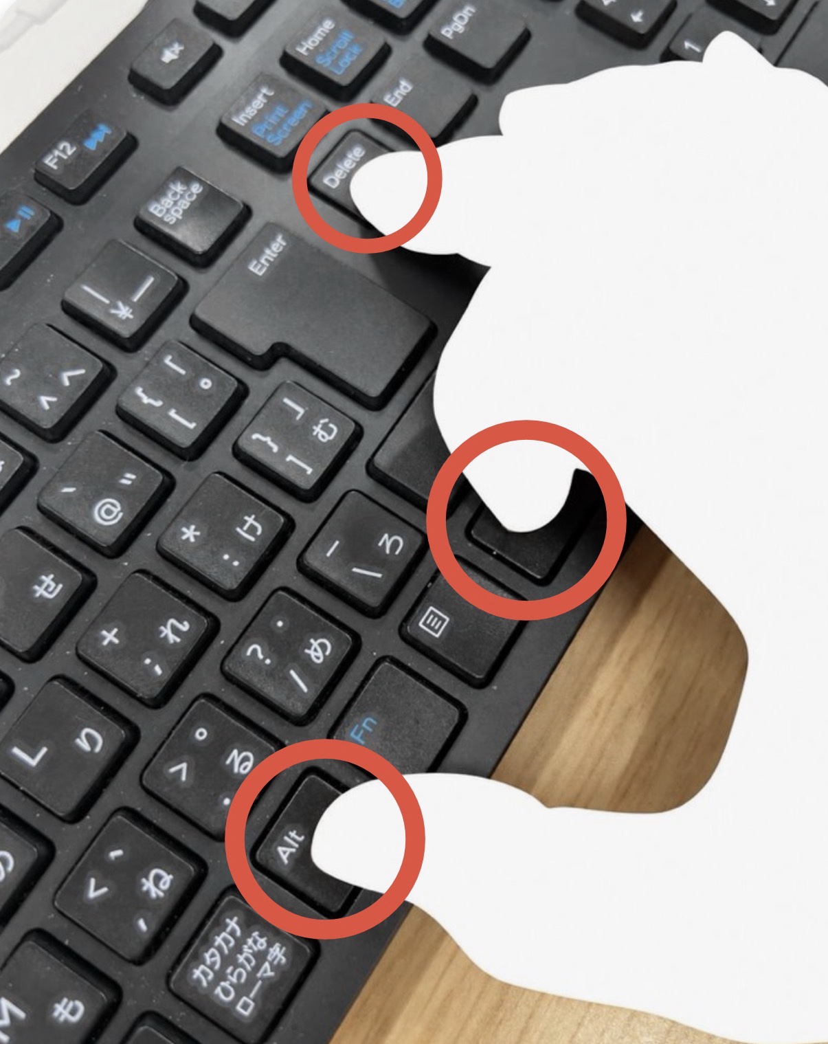 右手の親指でAlt、人差し指で右Ctrl、中指でDeleteを同時に押す様子。3つのキーの位置を赤い丸で表示した写真